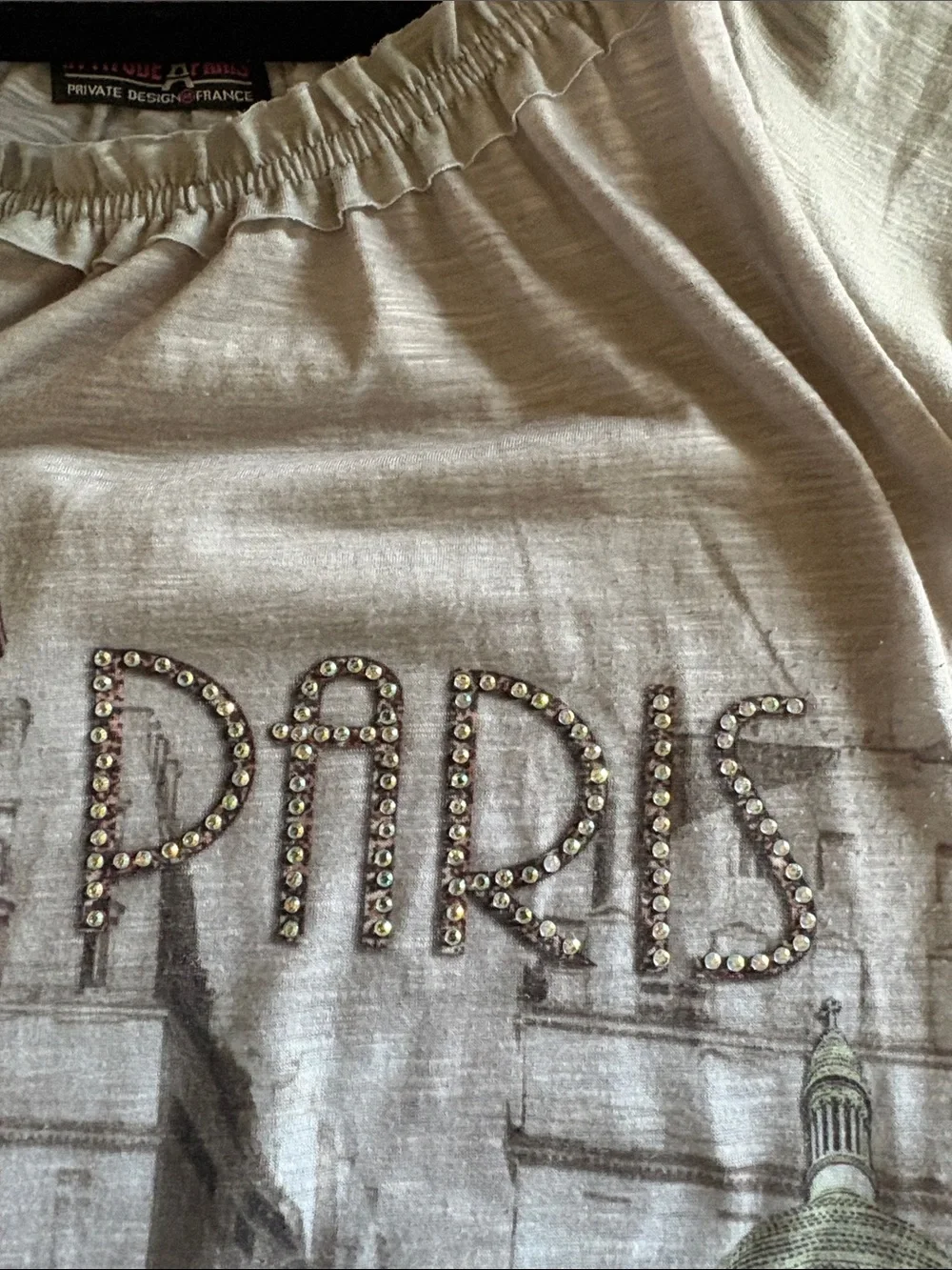 Gray Paris Skyline Off-Shoulder Tunic Top